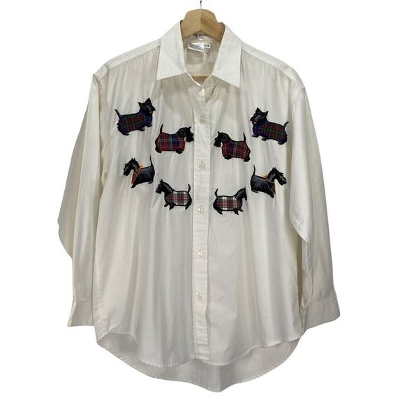 Casey Coleman White Cotton Long Sleeved Button Down Shirt Embroidered Dog S/M - Picture 1 of 6